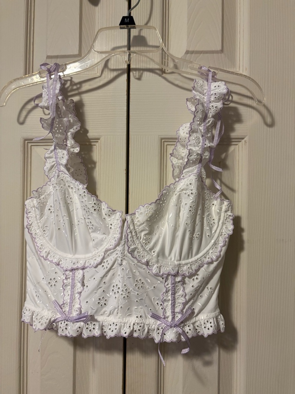 Delicate White Eyelet Bustier with Lilac Trim